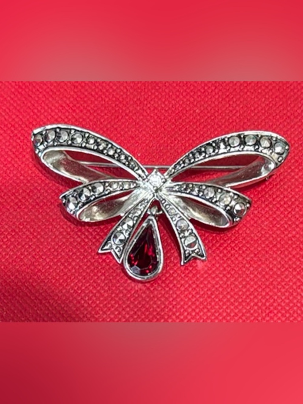 Vintage Avon Bow Brooch Faux Marcasite Pink Rhinestone Charm